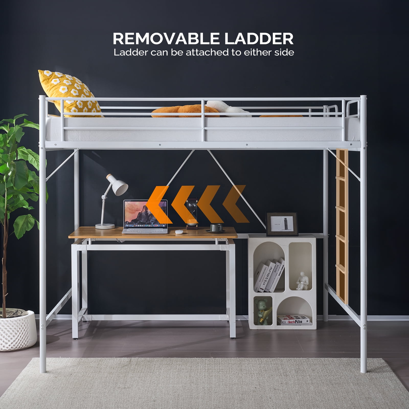 Ktaxon Loft Bed Full Size with Flat Rungs, No Box Spring Required,Heavy Duty Metal Slat Support,White
