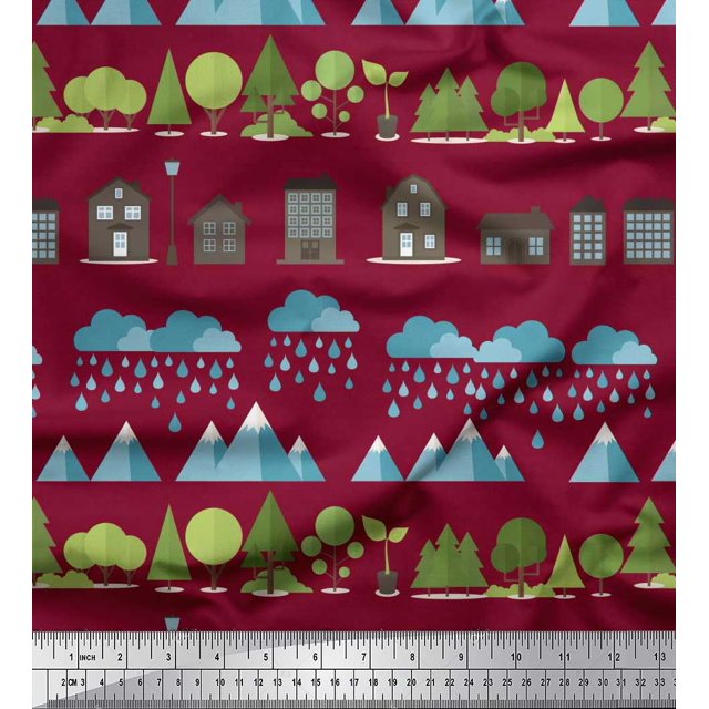 Soimoi Georgette Viscose Fabric Tree,House & Raindrop Nature Decor Fabric Printed Yard 42 Inch Wide