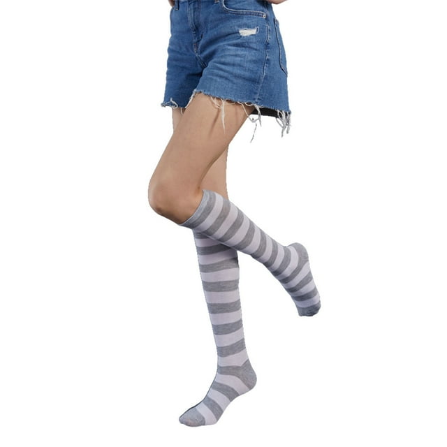 Minnieouse Rayas Muslo Medias altas Calentadores de piernas estilo preppy Día de San Valentín para diario Fiesta de Halloween Raya blanca gris Type3 Minnieouse AP008903-36