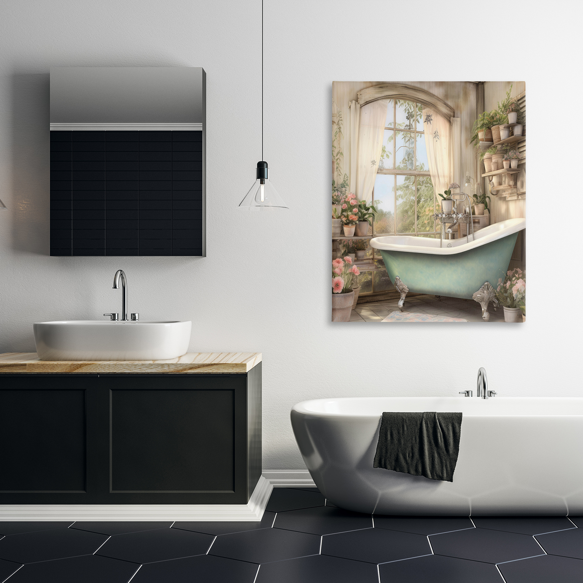 Bathroom with Floral Filled Shelves Canvas Wall Art, design by Lettered and Lined