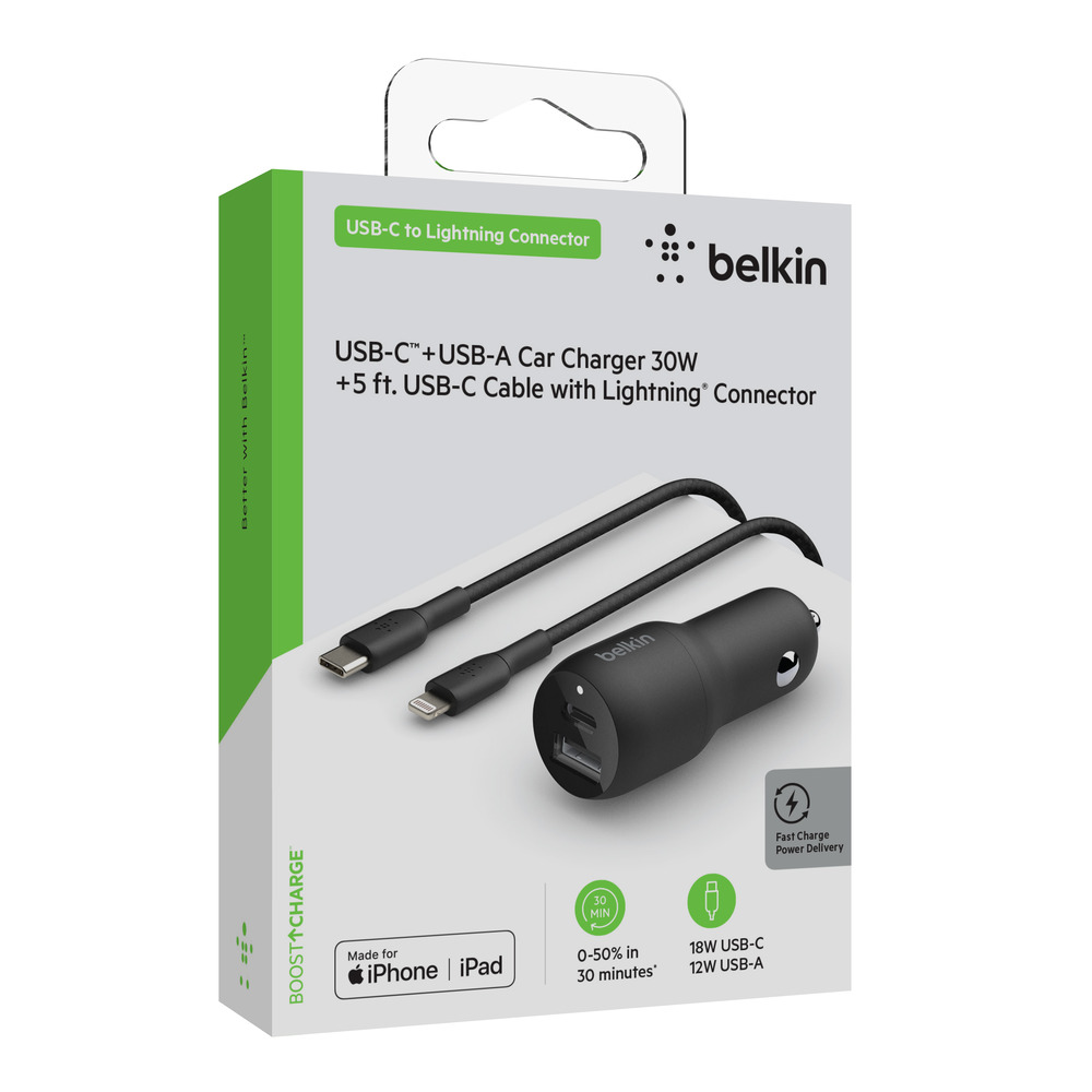 Belkin BOOSTCHARGE 30W USB C & USB A Car Charger + USB C to Lightning Cable, 5 ft