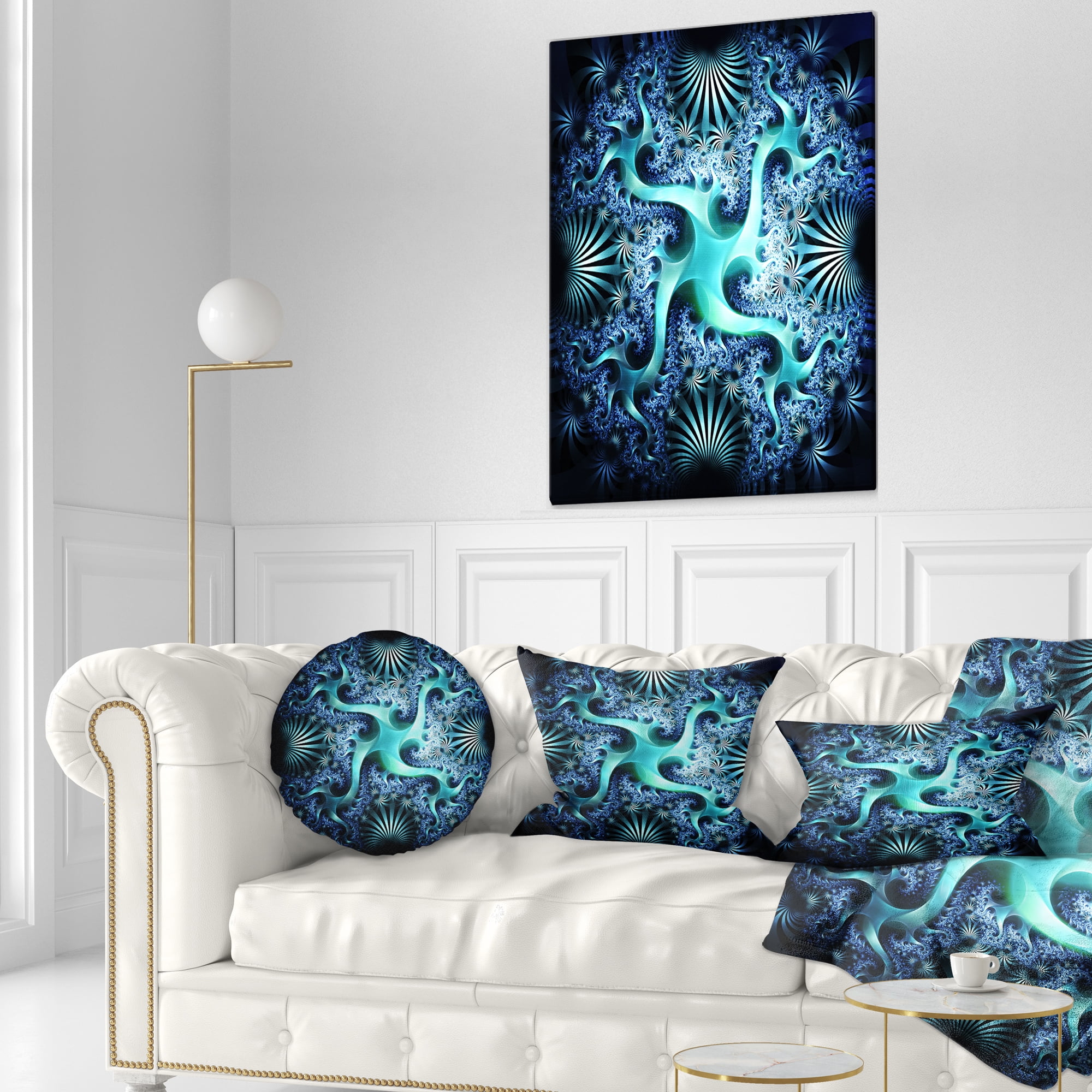Designart Glowing Blue Fractal Flower Design - Abstract Throw Pillow - 12x20