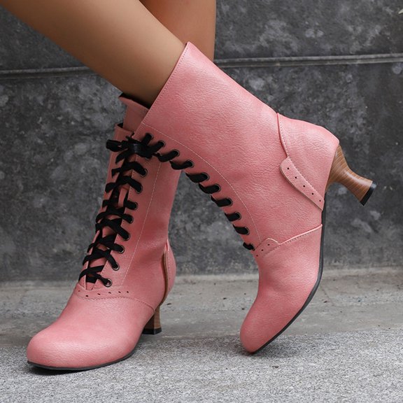 Women's Ankle Boots Mid Calf Round Toe Boots With Heel & Lace Up Detail