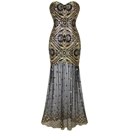 Angel-fashions Women's Sweetheart Sequin Sheer Tulle Flapper Gatsby Evening Dress
