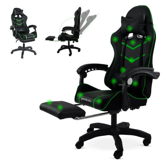 silla gamer ergonomica geekleaks by gaon reclinable con soporte lumbar y reposa pies verde — Silla gaming verde y negra con respaldo alto reclinable y cojín lumbar con función de masaje, reposa pies metálico extraíble, apoyabrazos acolchados, base de cinco ruedas y pistón hidráulico para ajuste de altura; adecuada también para home office y estudio.