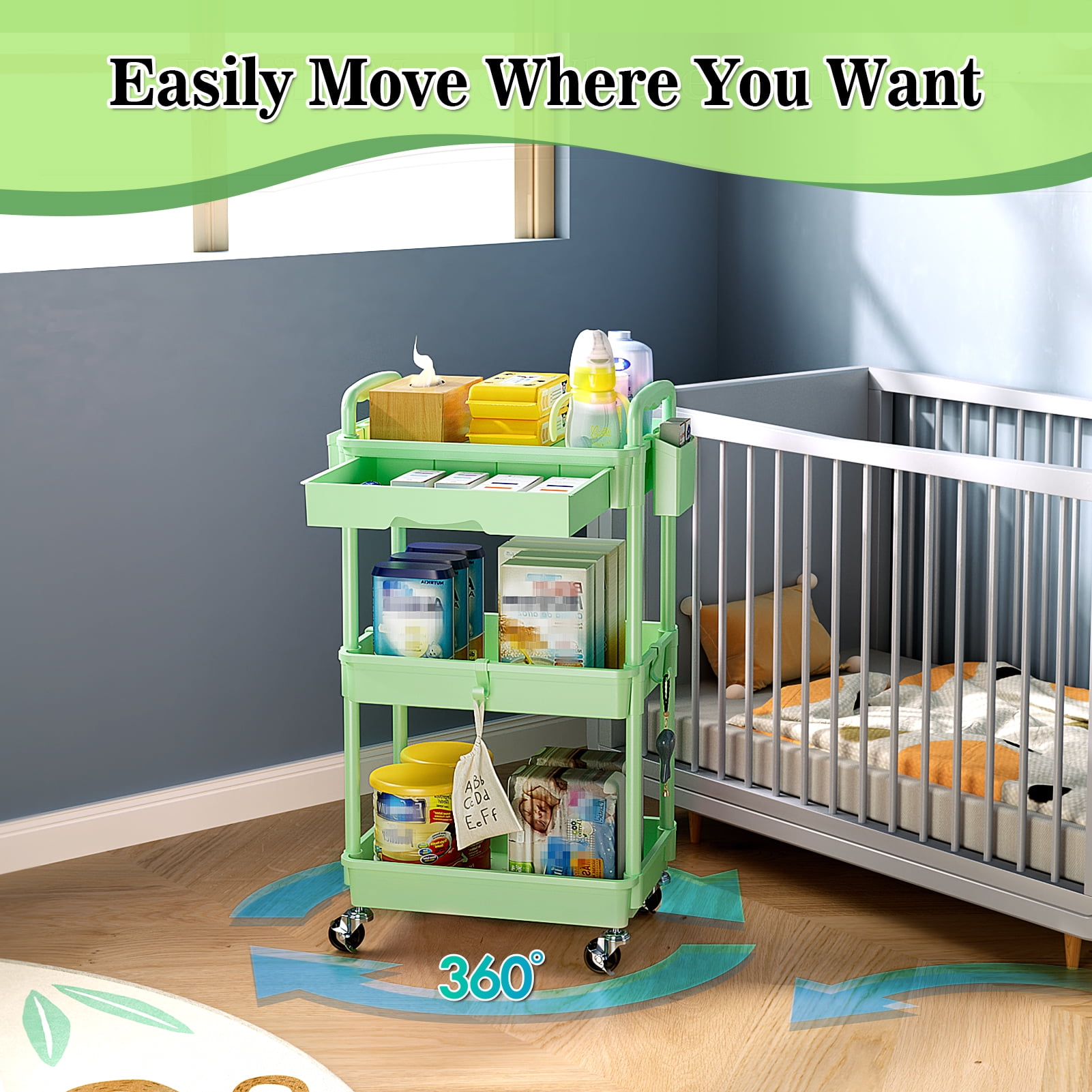 3 Tier Rolling Utility Cart with Removable Drawer, Bathroom Storage Organizer with 2 Lockable Wheels, Mobile Shelving Unit for Kitchen, Office, Snack, Craft, Makeup, Baby Essentials, Green