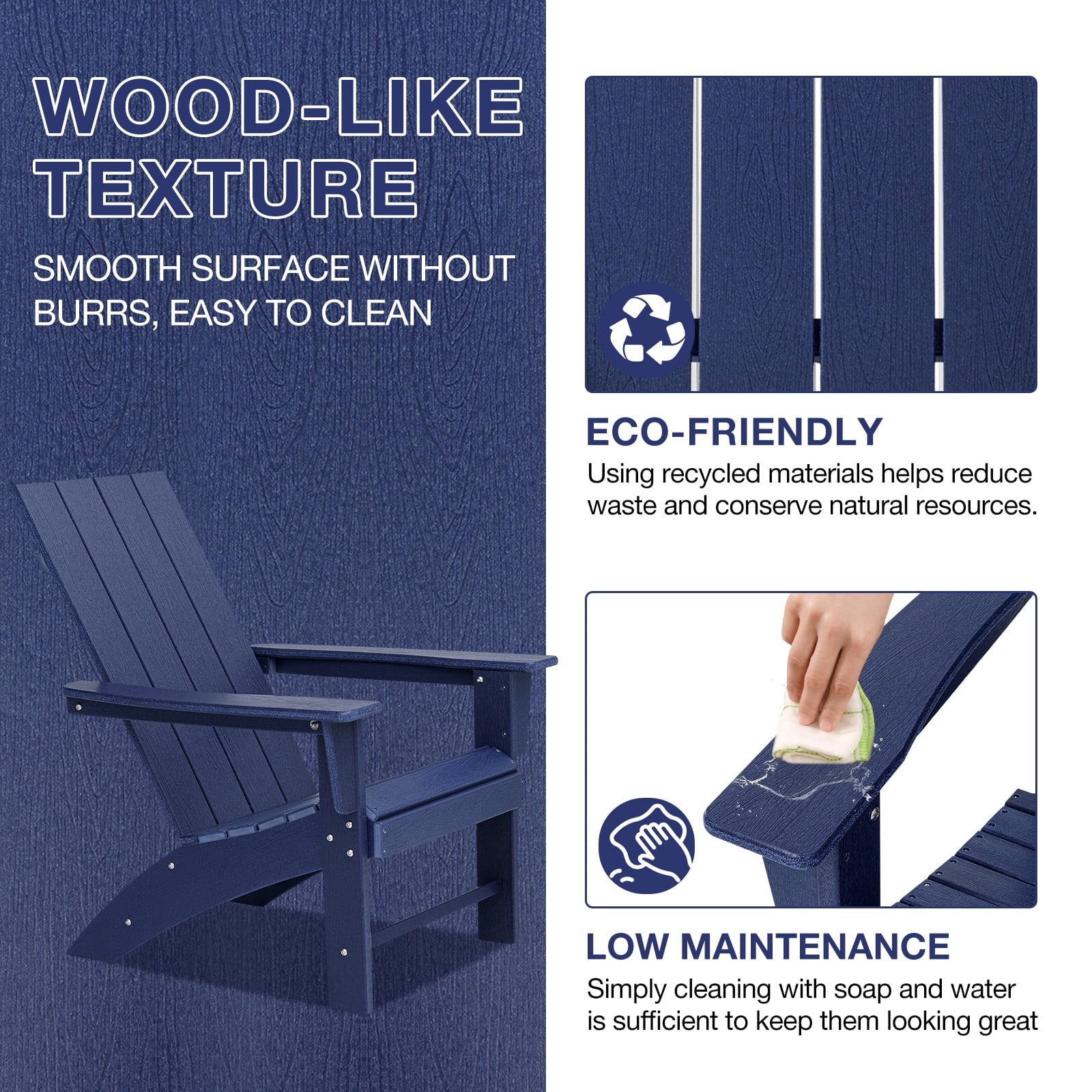 Garpans Adirondack Chair All Weather Outdoor Adirondack Chair HDPE Outdoor Chair for Patio Front Porch Pool Garden Deck Fire Pit Outside, Navy Blue