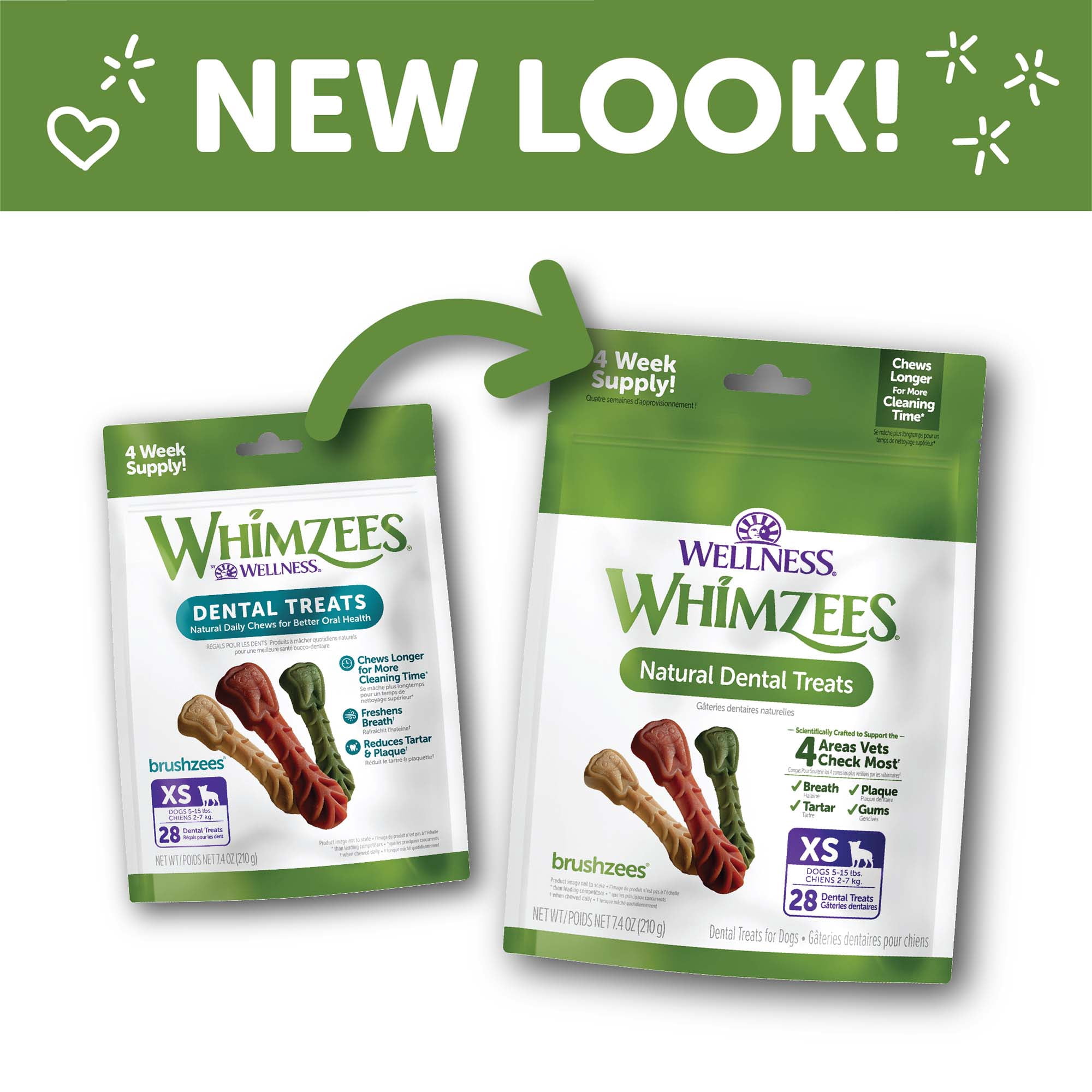 (4 pack) Wellness WHIMZEES Daily Brushzees Natural Dog Dental Treat, VOHC Accepted Chews, Freshens Breath, Extra-Small Size, 7.4 oz Bag, 28 Count