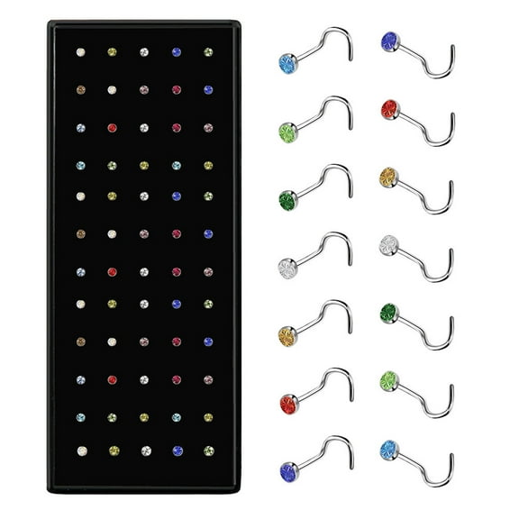 Firefly Hope 60-Pack Multicolored 316L Surgical Stainless Steel Nose Studs – Hypoallergenic Corkscrew Piercing Jewelry with 1.8mm Clear CZ (Imitation Diamond) for Women & Men