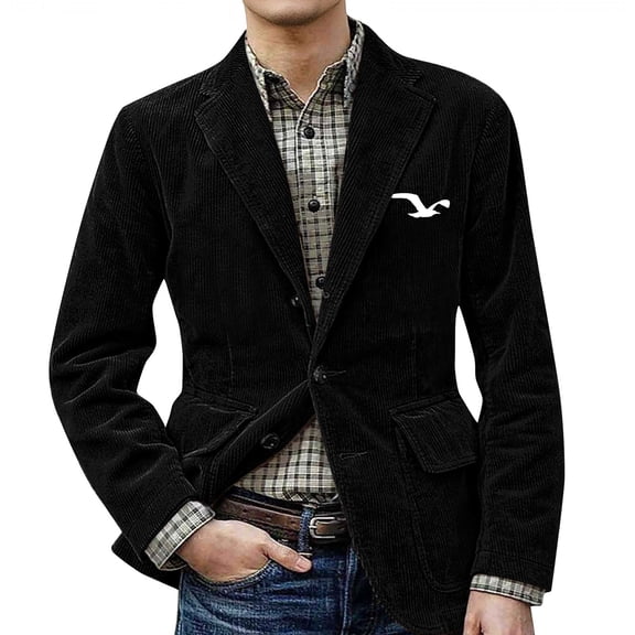 CharmCyan Men Corduroy Blazer Jacket Casual Single Breasted Tailored Fit Notched Lapel Two Button Pockets Long Sleeve Black L