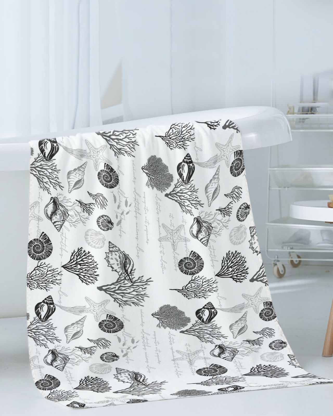 Coastal Grey Bath Towels for Bathroom Set,Luxury Microfiber Towels Gifts for Women,Quick Dry Beach Hand Hair Face Towel and Dish Washcloth,Retro Ocean Coral Shell Starfish Seahorse Towels+Set