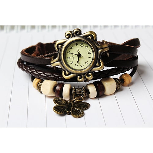 Women's Bohemian Leather Wrap Watch, Vintage Braided Band Analog Quartz Wristwatch with Alloy Butterfly Charm, Brown