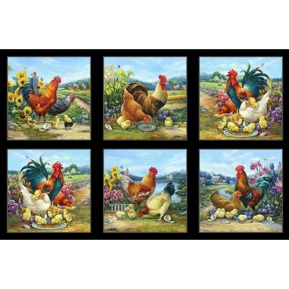 24" X 44" Panel Chickens Farm Roosters Animals Joyful Countryside Cotton Fabric Panel (9406BLACK)