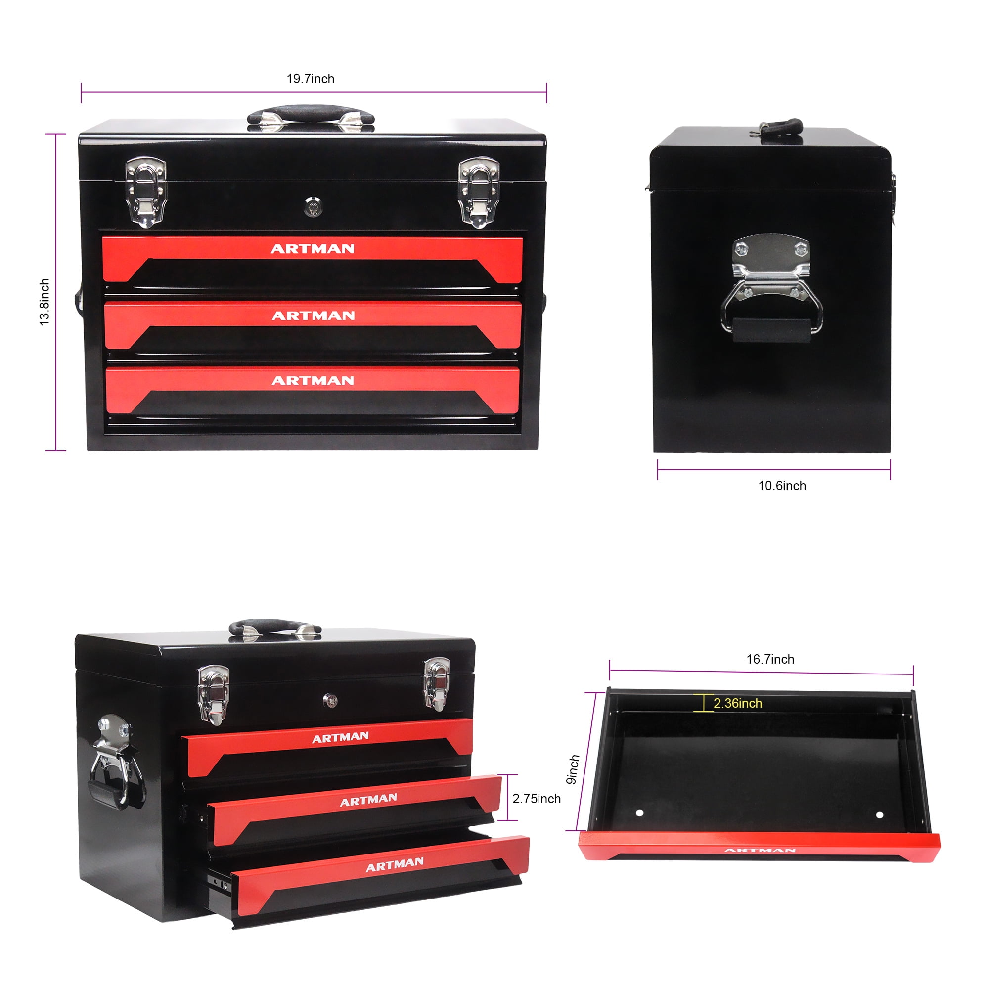 Aukfa 439-Piece Mechanics Tool Set, 3 Drawer Tool Organizer Metal Box w/ Tool Kit for Home, Auto Repair, Red
