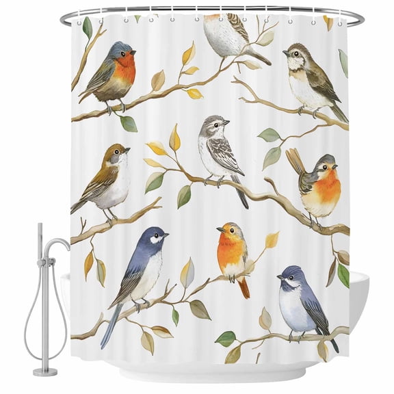 Xipuska Spring Bird Shower Curtain - Water Repellent Fabric Shower Curtains Washable, Colored Leaf Branch Painting Watercolor Decorative Polyester Cloth Bathroom Curtains Modern Bath Decor 36"x72"