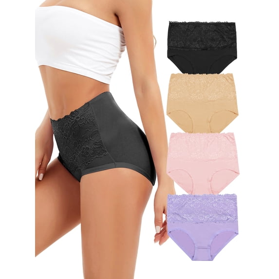 Women Lady Sexy Lace Hipster Underwear Cotton Briefs High Waisted Panties Stretch Briefs Underwear 4-Pack