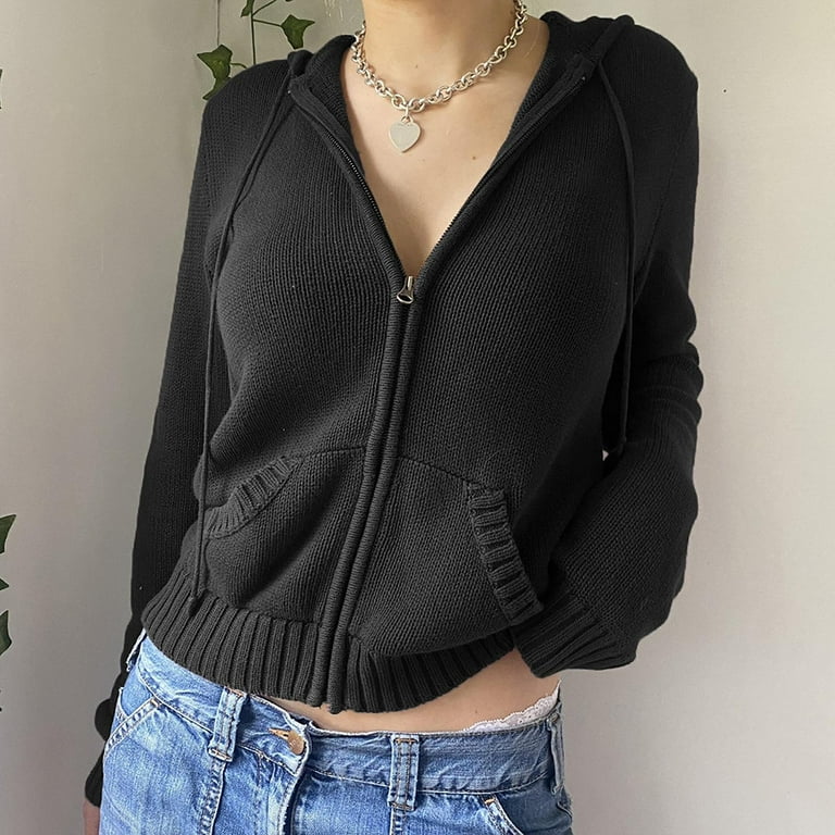 Women Y2K Zip Up Knit Hoodie Jacket Long Sleeve Drawstring Women Y2K Zip Up Knit Hoodie Jacket Long Sleeve Drawstring