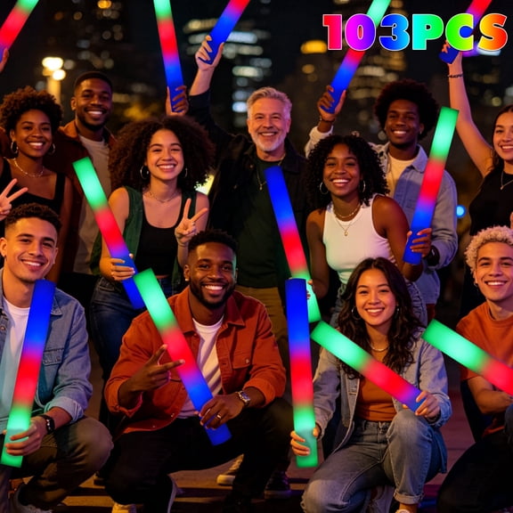 FEINYTAA 103pcs Foam Glow Sticks, Glow Sticks Bulk Party pack, LED Glow Sticks Bulk Party pack with 3 Modes Colorful Flashing, Glow in The Dark Party Supplies for Wedding, Mother's Day, Birthday