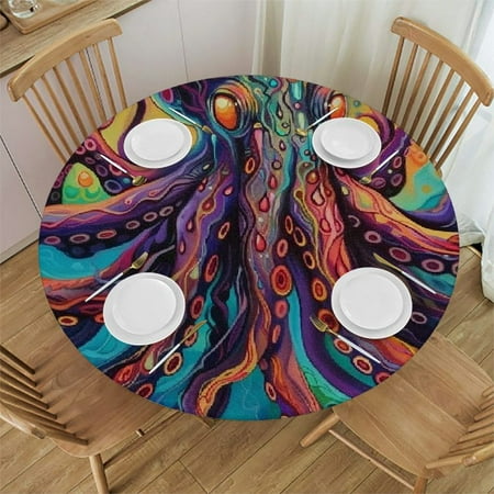 

Patifu Psychedelic Octopus Round Table Cover Stain Resistant Washable Indoor Outdoor Tablecloth Kitchen Dining Wedding Parties Picnic Camping 100% Polyester Fiber 31-35