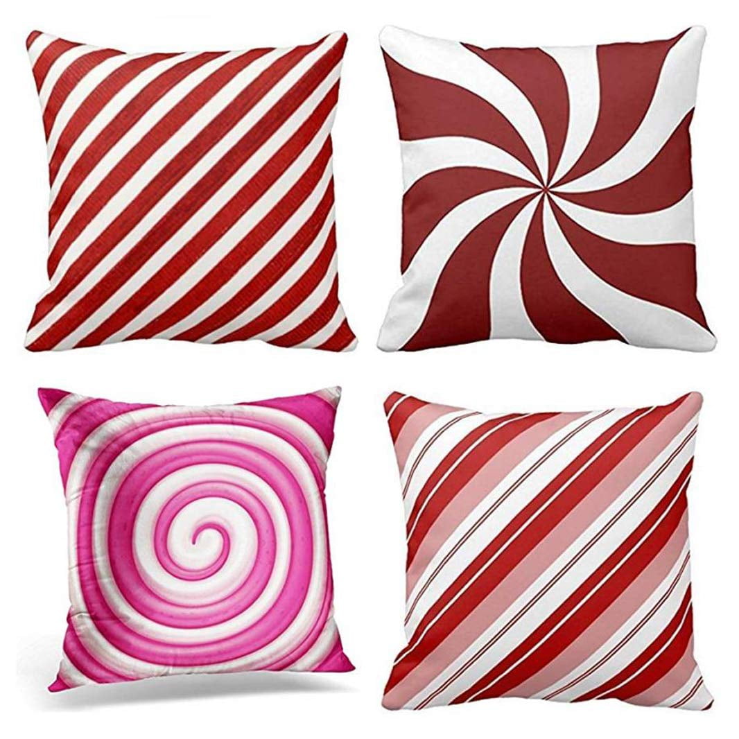 SUFAM Set of 4 Pillow Cases Stripe Pattern Peppermint Candy Swirl White