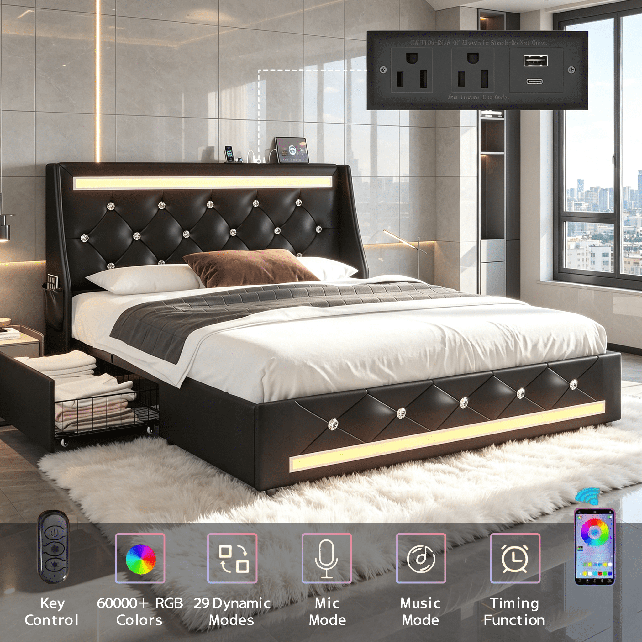 Gewnee Queen Size Bed Frame with Storage Drawers & Charging Station,PU Upholstered Platform Bed with Button Wingback Headboard and Side Pocket,LED Bed Frame,No Box Spring Needed.Black