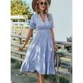 thumbnail image 4 of Women'S Summer Ruffle Puff Sleeve Dress Short Sleeve V Neck High Waist Casual Loose Striped Midi Dresses Royal Blue M, 4 of 5