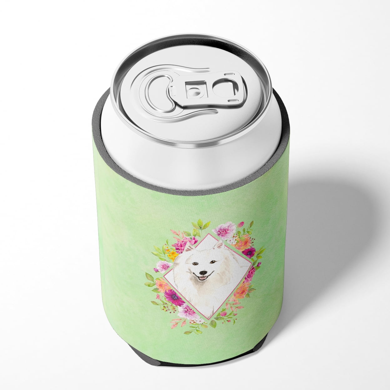 Japanese Spitz Green Flowers Can or Bottle Hugger