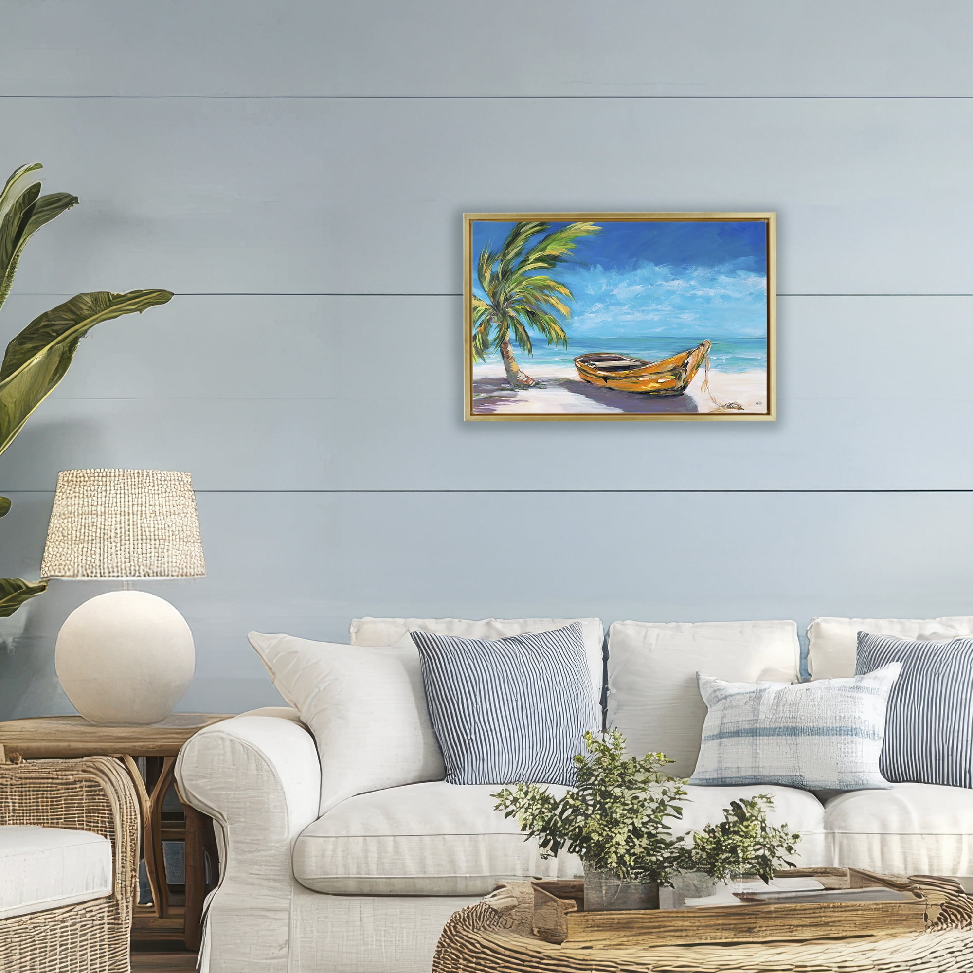Stupell Industries Lost Island Palm & Boat Gold Framed Floater Canvas Wall Art, design by Julie DeRice