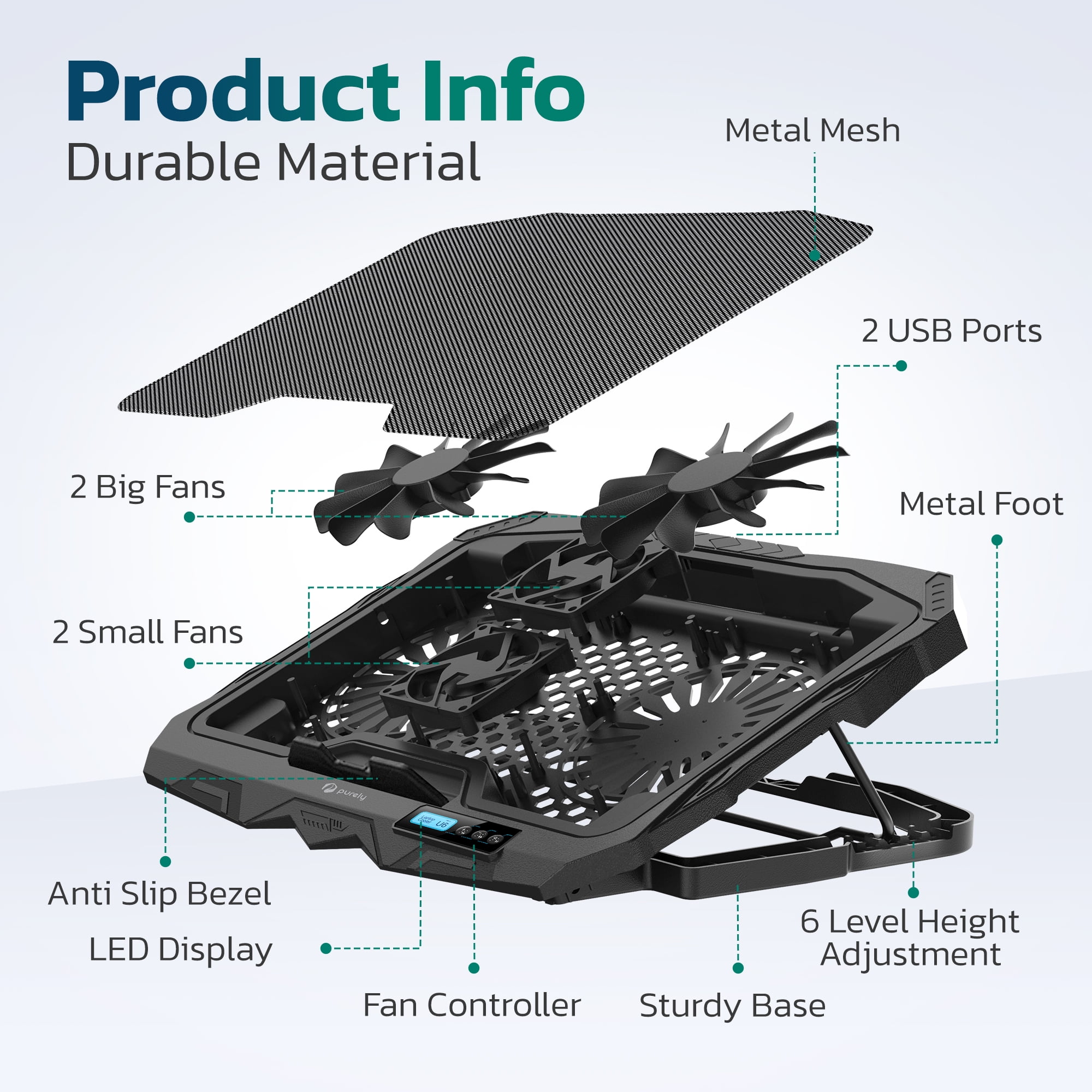 Purely C14 Laptop Cooling Pad, 6 Adjustable Height Laptop Stand, 4 Fans, 3 Fan Modes + 6 Speeds, LED Display, 2 USB Ports, Compatible for Win or Mac Laptops, iPads and Tablets, iPhone and Smartphones