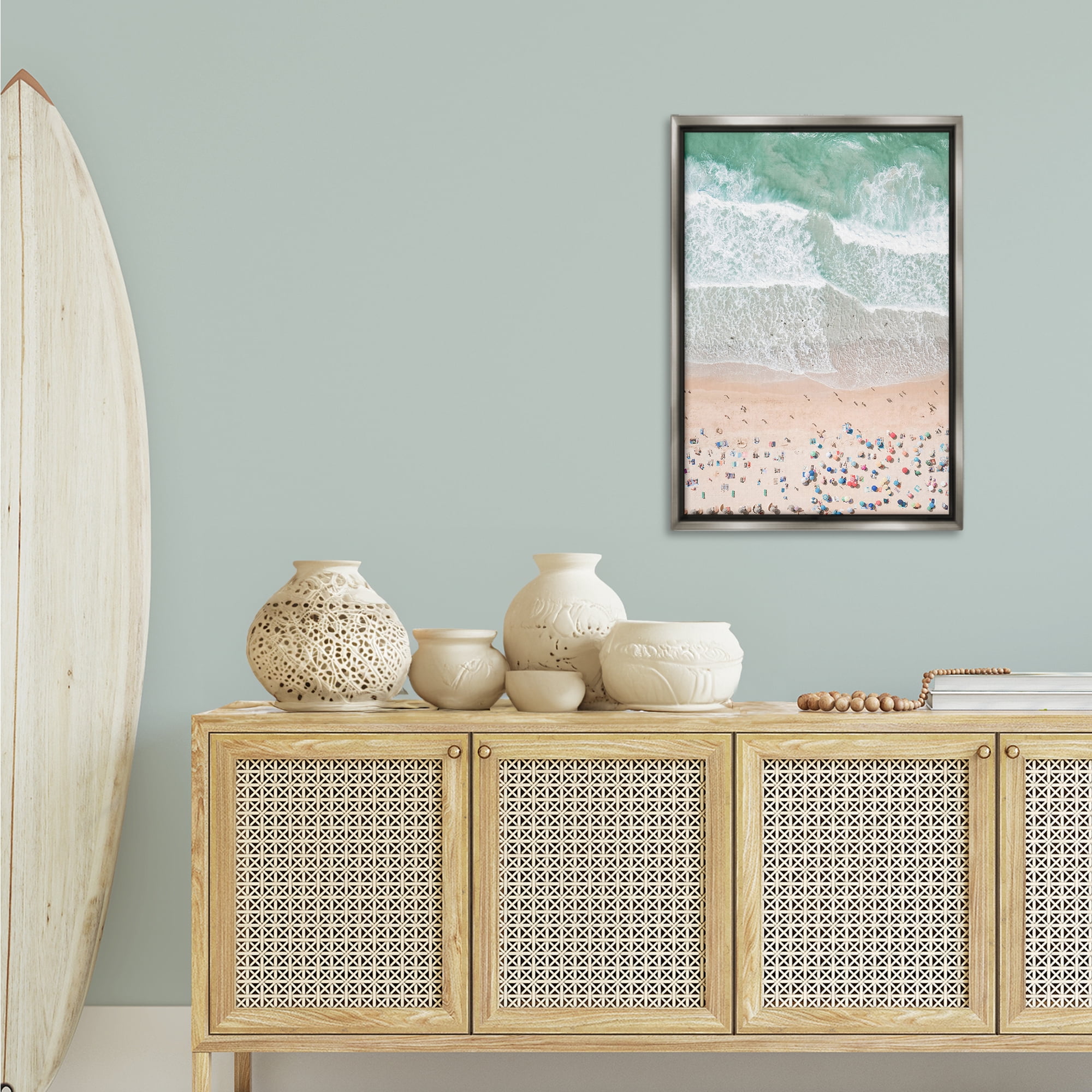 Stupell Industries Aerial Beachgoers View Nautical & Beach Painting Gray Floater Framed Canvas Art Print Wall Art, 21 x 31