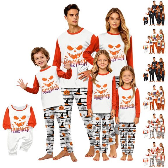 Halloween Family Pajamas Matching Sets Party 2 Piece Sets Casual Pjs Family Jammies Long Sleeve Cute Funny Halloween Pumpkin Face Trendy Holiday Family Pajamas Nightwear