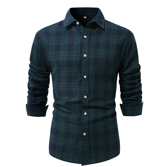 Men Long Sleeved Brushed Plaid Shirt Plus Size Slim Fashion Polyester Shirt