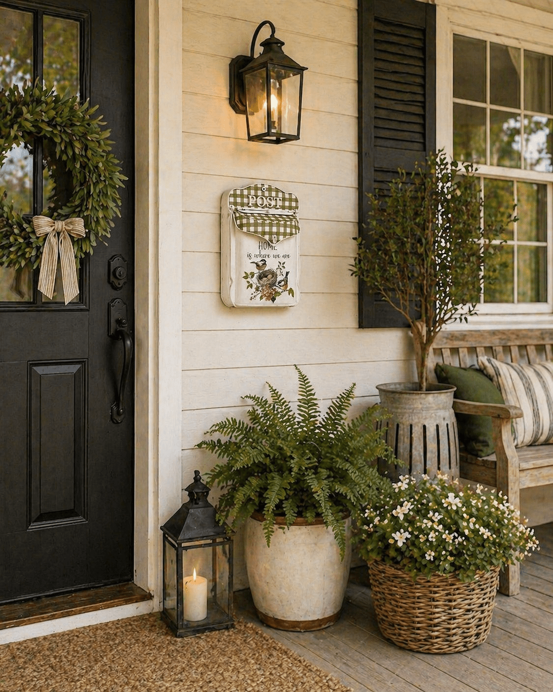 Decorative Metal Mailbox Wall Mount Farmhouse Post Box White Olive Plaid Bird Nest Design Indoor Outdoor Covered Porch Garden Decor 15.5" x11"