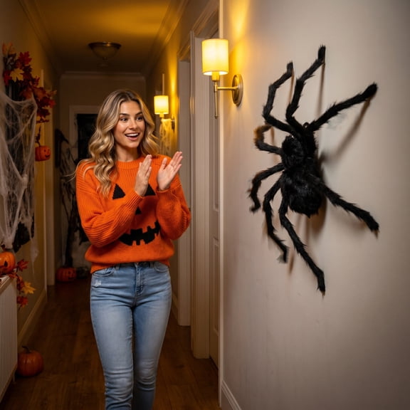 geerera 29.5" Sound-Activated Animated Spider, Large Black Fuzzy Moving Halloween Prop, Crawling Scary Toy for Indoor Party, Doorway & Yard Party Decor