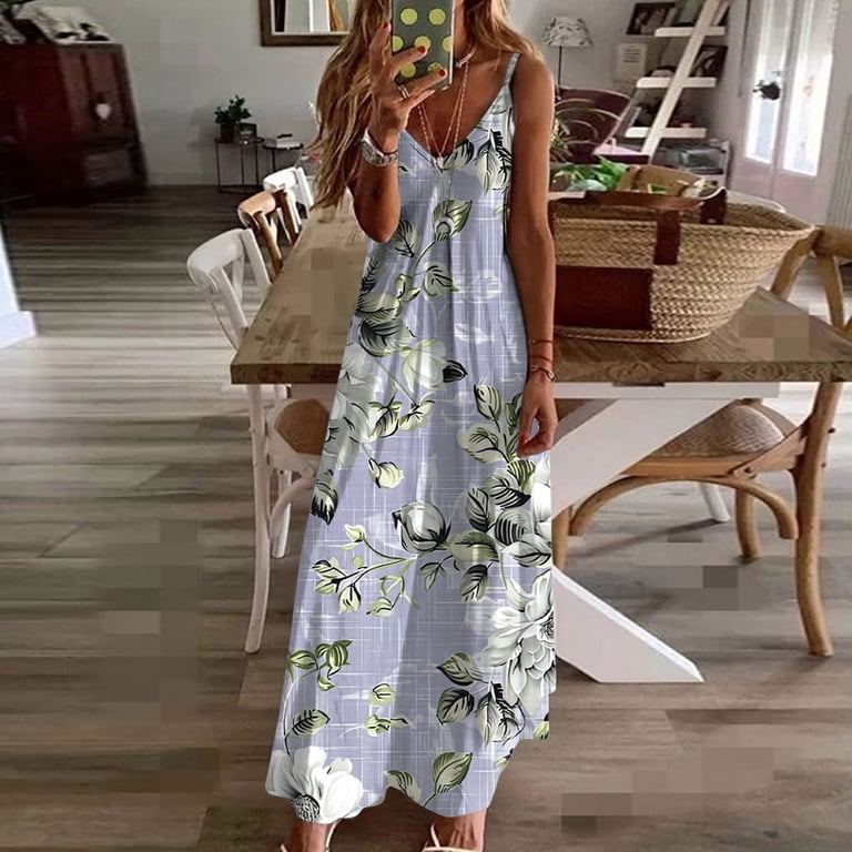 Joau Womens Vintage Printed Sleeveless Baggy Maxi Dress Summer Casual V  Neck Loose Flowy Long Dress Evening Party Holiday Beach Sundress
