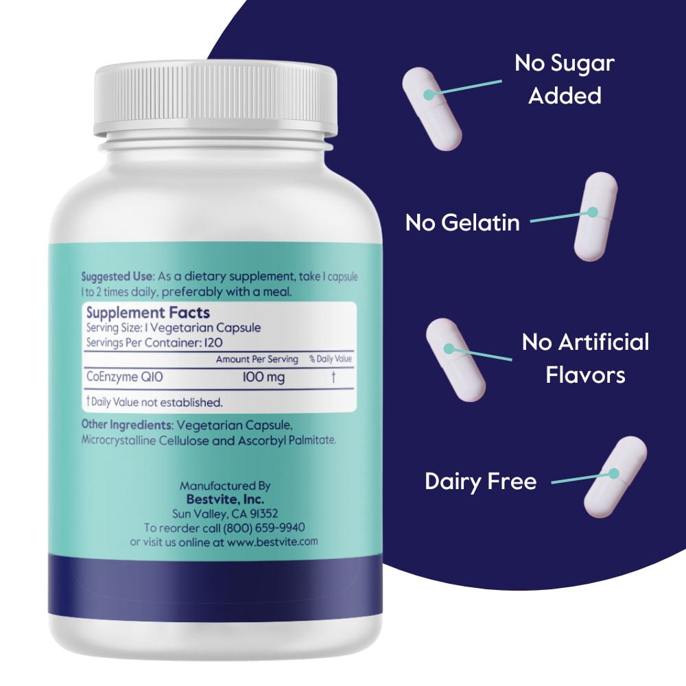 BESTVITE Coenzyme CoQ10 100mg  (240 Vegetarian Capsules) (2-Pack) Naturally Fermented - No Stearates - No Fillers - Vegan - Non GMO - Gluten Free