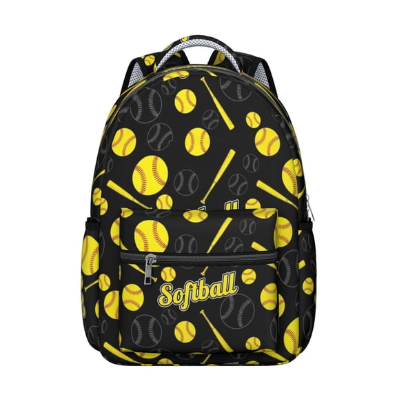 Softballs and Text Black Pattern Backpack for School, Cute School Bag with Adjustable Shoulder Straps and Padded Back, 15.3"x11"x7.1"