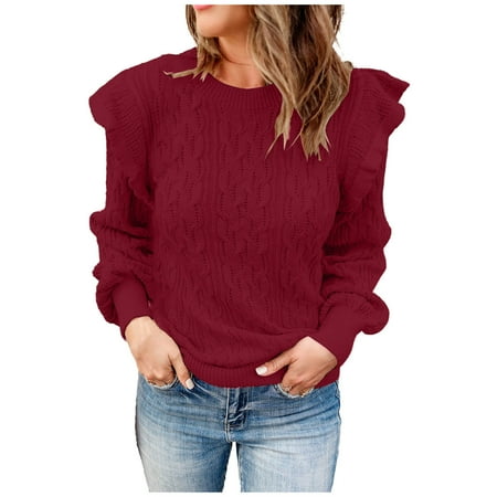 Clearance Solid Cute Sweaters Ruffled Long Sleeve Crewneck Casual Tunic Knitted Tops Babydoll Pullover Jumpers Fall 2024 Outfits