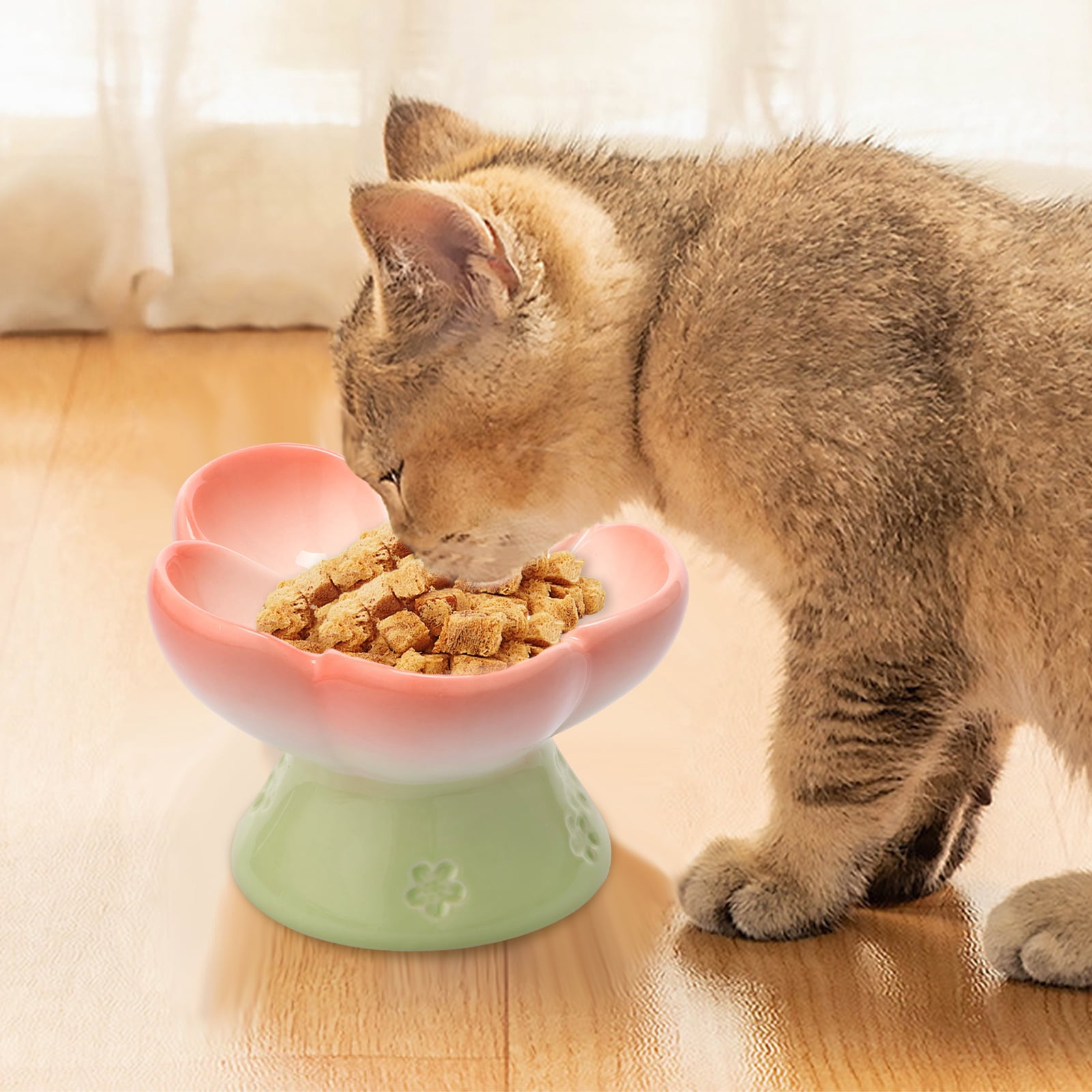 CERAMICS Raised Slow Feeder Cat Bowl, Ceramic Elevated and Titled Glass Food Bowl Small Dogs Slow Feeder, Flower Shaped Cute Cat Dish for Dry and Wet Food (Pink, 5.5")