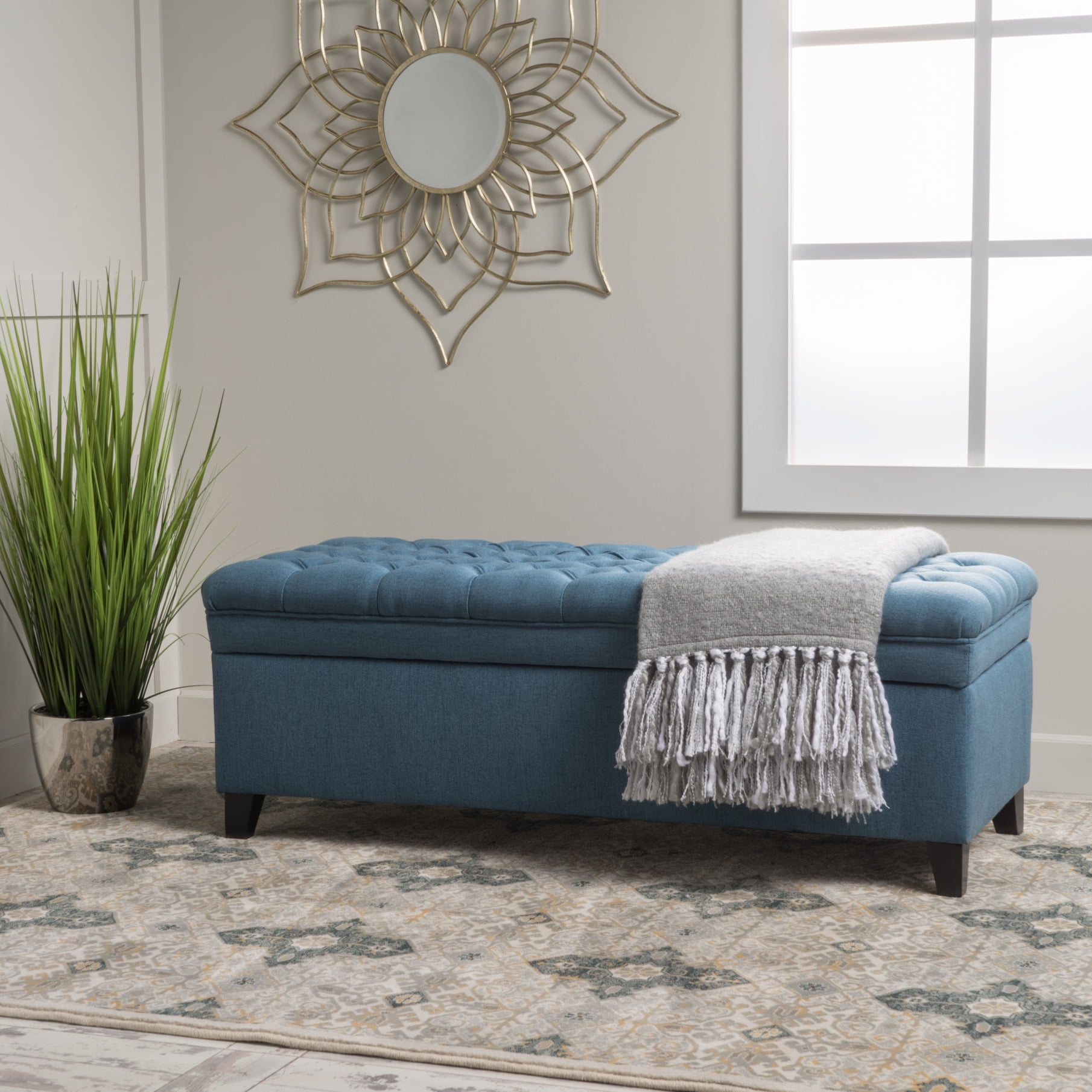 50" Storage Ottoman, Storage Ottoman Bench with Wooden Legs and Safety Hinge, Tufted Entryway Bedroom Bench, Holds up to 330 lb, for Living Room, Bedroom, Dark Blue