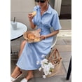 thumbnail image 5 of Women Button Front Pleated Shirt Dresses Summer Casual Short Sleeve Pleated Blouse Mini Dress Blue M, 5 of 8