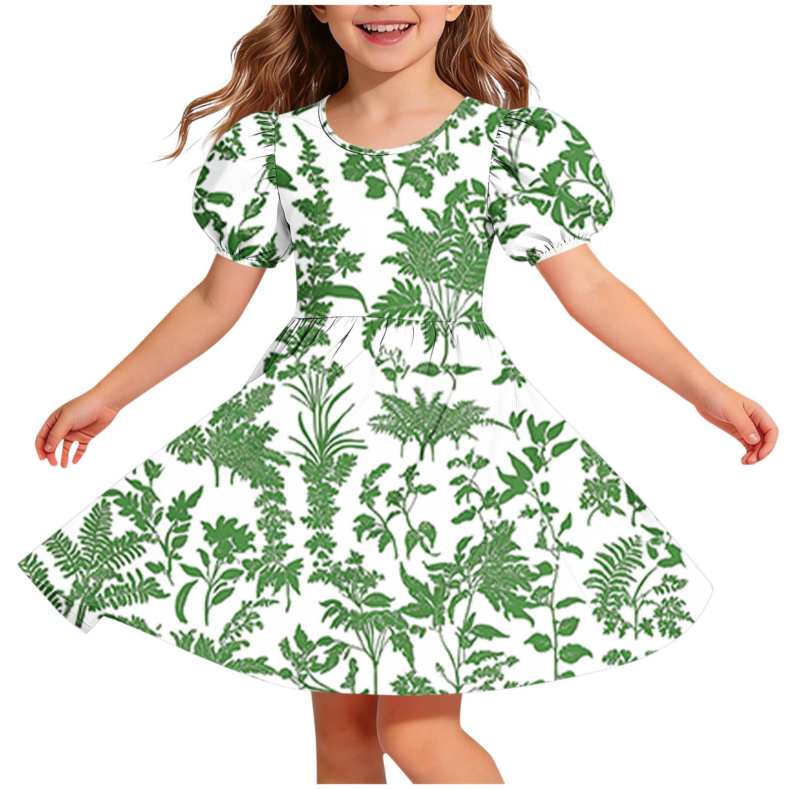 ATOGUTA Sun Dresses for Girls 2026 Vacation Summer Hawaiian Beach Vacation Party Wedding Birthday Short Sleeve A-Line Dress Size 5T-15, Army Green