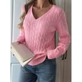 thumbnail image 4 of Women Long Sleeve Cable Knit Sweater Fashion V Neck Fitted Pullover Top Business Casual Fall Outfits Pink L, 4 of 7