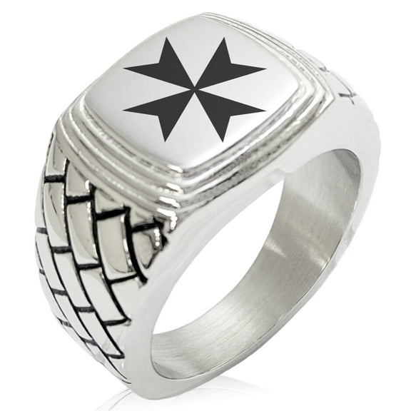 Stainless Steel Maltese Cross Geometric Pattern Step-Down Biker Style Polished Ring
