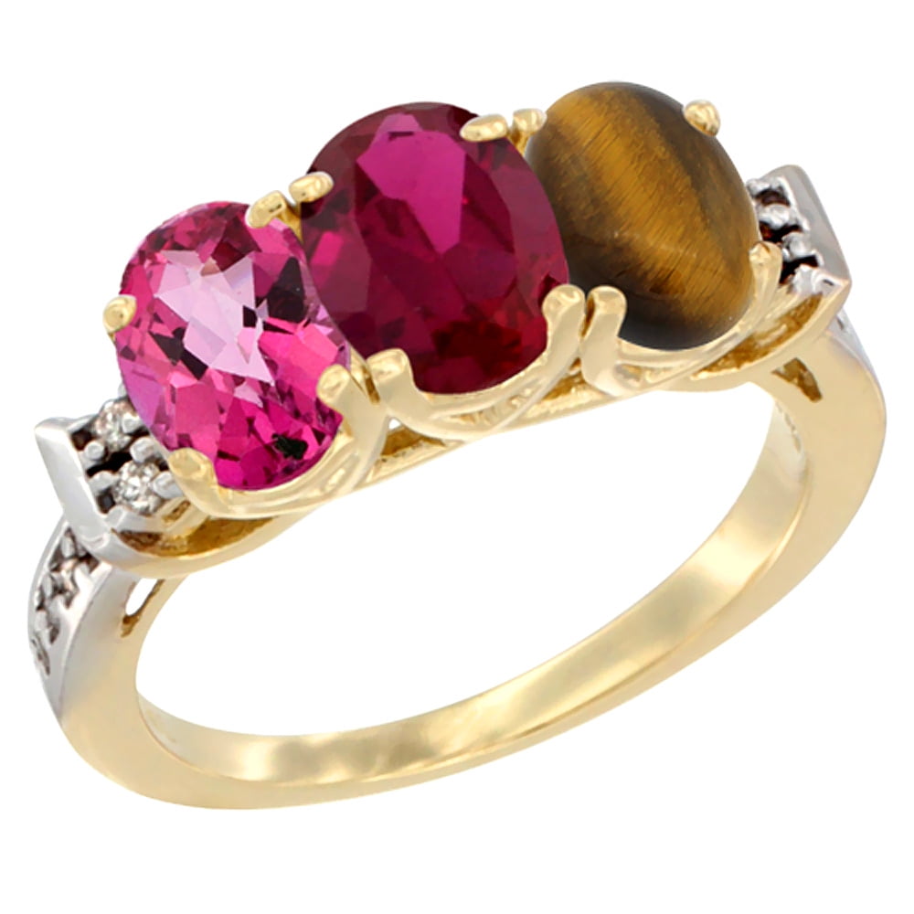 10K Yellow Gold Natural Pink Topaz, Enhanced Ruby & Natural Tiger Eye Ring 3-Stone Oval 7x5 mm Diamond Accent, sizes 5... by WorldJewels