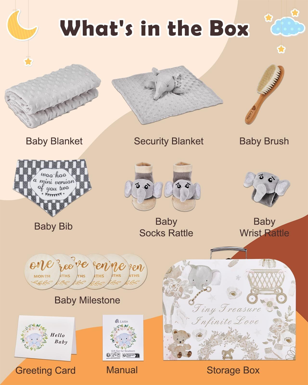 Baby Shower Gift Set for Boys Girls, 14PCS Baby Gifts, Neutral Newborn Gifts Basket with Baby Blanket, Monthly Milestone Cards, Elephant Security Blanket, Rattle Socks and Wrist