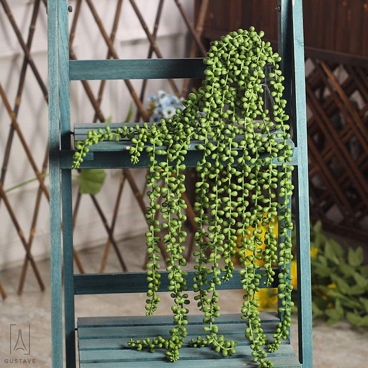 Gustave 4Pcs Artificial Hanging Plants, Fake Succulent String of Pearls Fake Hanging Vine for Wedding Party Home Kitchen Garden Wall Decoration Outdoor Indoor Ornaments "L"
