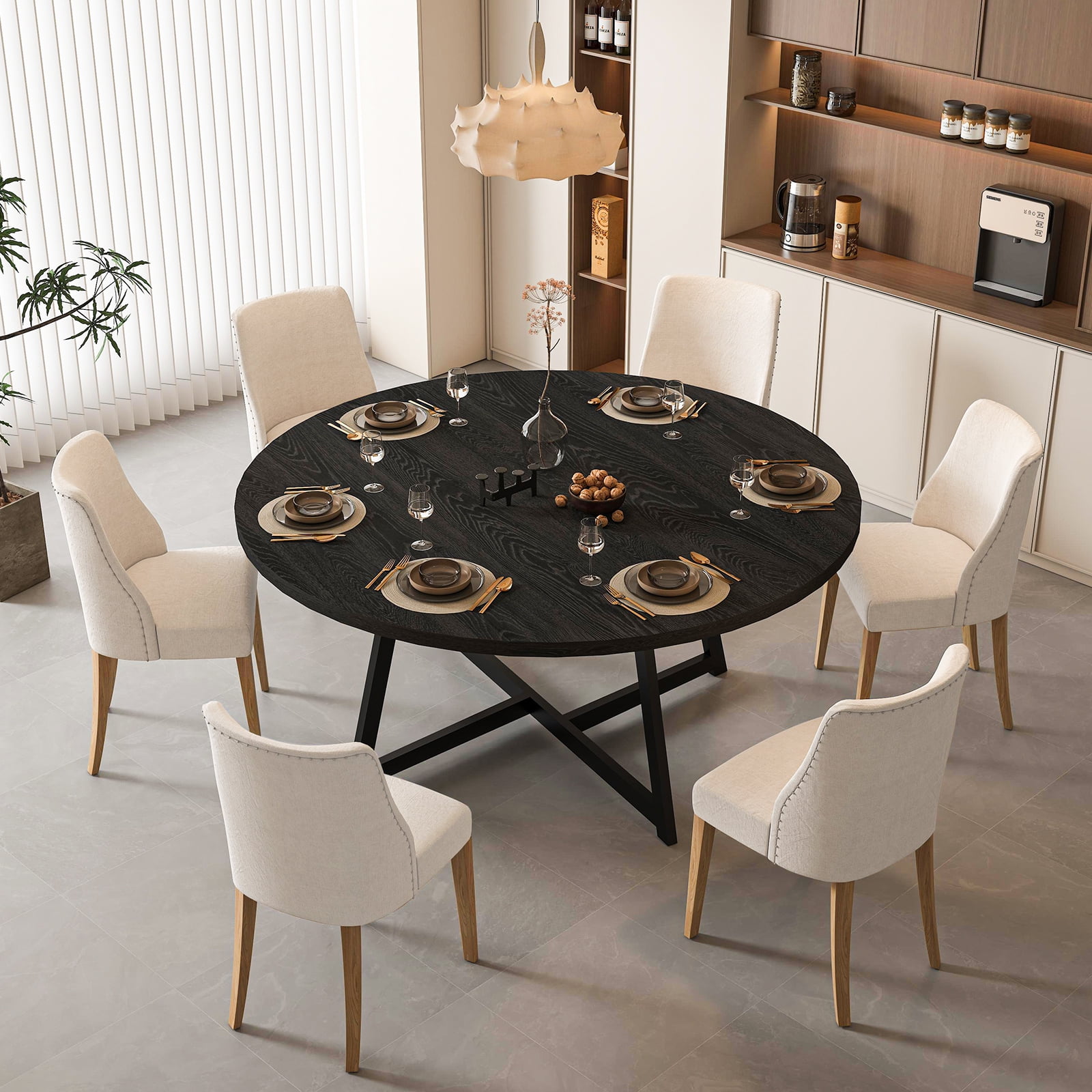 JassmiPkwy Round Dining Table for 4-8 People,Kitchen Dining Room Circle Dinner Pedestal Table,Space Saving Wood Kitchen & Dining Room Furniture (Black, 59In)