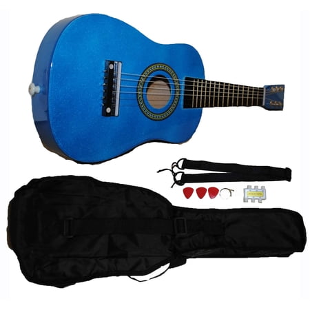 Mini Kids Acoustic Toy Guitar Kit Gig Bag + Picks + Strap + Tuner - Glitter Blue