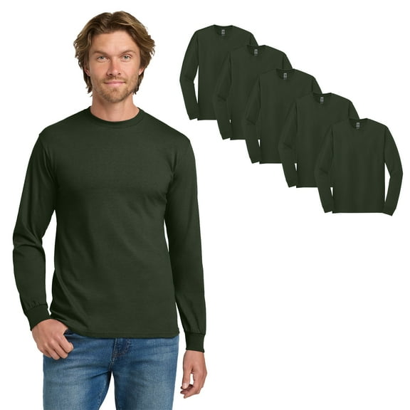 Gildan Men's Heavy Cotton Long Sleeve T-Shirt, Crew Neck Classic Fit Tee, Forest, 5-Pack, S